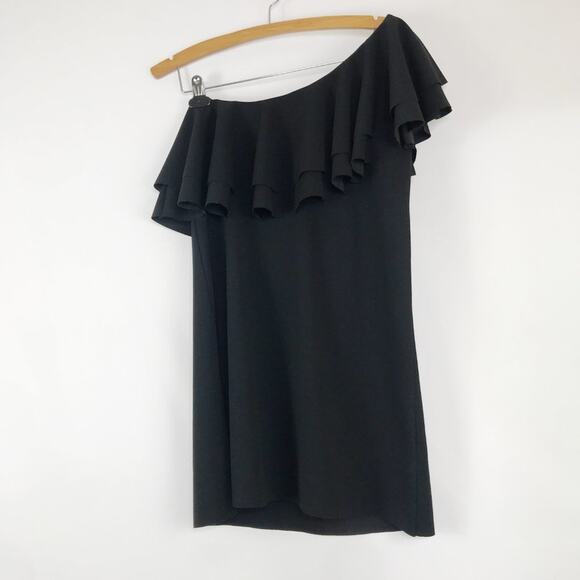 Mango Villa Asymmetrical Ruffle Black One Shoulder Sheath Mini Dress - Picture 3 of 10